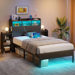 Bed Frame with Bookcase Storage Headboard,Slide Out Bedside Storage, Bed with Charging Station&LED Lights Heavy Duty Metal Slats