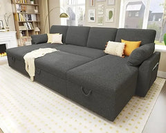 Sleeper Sofa, Oversize - 2 in 1 Pull Out Bed, Sectional Sleeper Sofa with Double Storage Chaise for Living Room, Boucle Couch