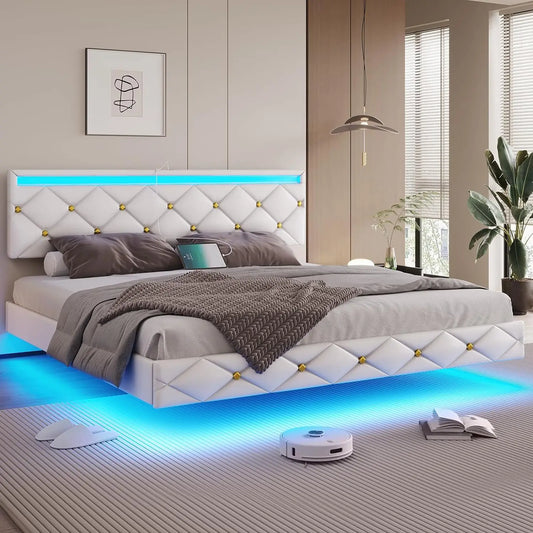 Floating Bed Frame King Size with Led Lights and USB Ports,Faux Leather Platform King Bed Frame with Headboard Easy To Assemble