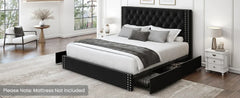 Queen Size Upholstered Bed Frame with Storage Velvet Platform Tufted Bed Frame with 4 Drawers and Headboard,  Black Bed