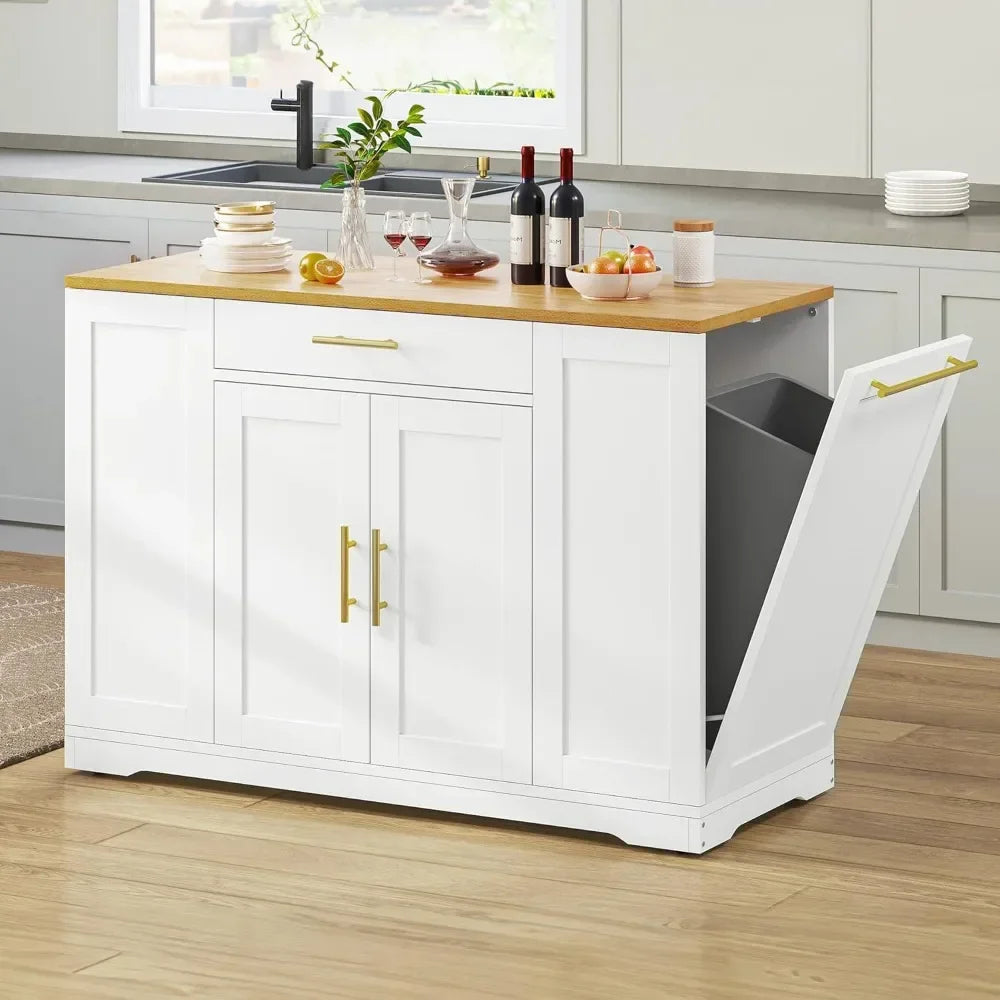 53 Inch Large Rolling Kitchen Island with Trash Can Storage Cabinet, Portable Mobile Islands Table Long Floating Movable