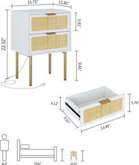 Rattan Nightstand with Charging Station, 2 Drawer Dresser for Bedroom, Small Bedside Table with 2 Drawers, Night Stand,