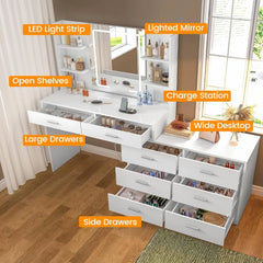 Dressers.Vanity Makeup Desk with LED Light Mirror & Power Outlet, 8 Drawers, 6 Storage Shelves, 3 Color Modes & Adjustable