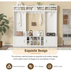 Wide Hall Tree with Storage Bench for Entryway, Bench with 10 Hooks, Coat Rack with Storage Shoe Cubbies and Cabinets, White