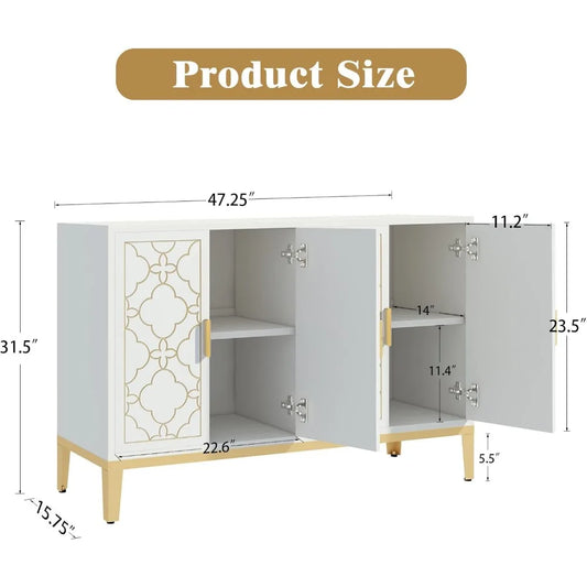 48" Sideboard Buffet Cabinet with Storage, White & Gold Floral Accent Storage Cabinet with 4 Doors, Credenza for Living Room