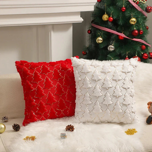 2pcs Christmas Plush Pillow Cover Single Side Embroidered Xmas Tree Living Room Sofa Cushion Party Decoration Pillow Cover 45*45