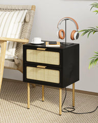 Rattan Nightstand with Charging Station, 2 Drawer Dresser for Bedroom, Small Bedside Table with 2 Drawers, Night Stand,