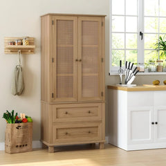 Kitchen Pantry Storage Cabinet, Tall Cabinet with Rattan Doors and 2 Drawers, Freestanding Cupboard with Adjustable Shelvesl