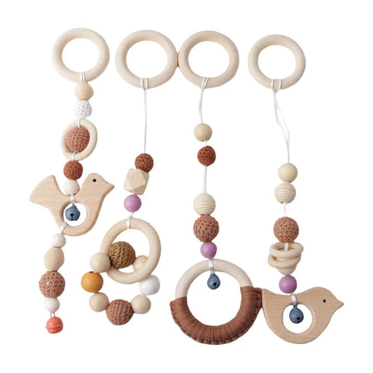 Baby Play Gym Frame Wooden Beech Activity Gym Frame Stroller Hanging Pendants Toys Teether Ring Nursing Rattle Toys Room Decor