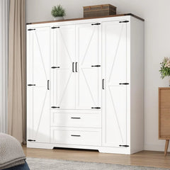 4 Doors Wardrobe Armoire Closet with Doors and Drawers, Farmhouse Wooden Armoire Storage Cabinet with Shelves & Hanging Rod