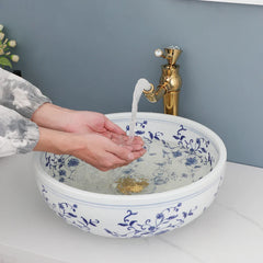 JIENI Circular Blue And White Porcelain Ceramic Basin Set W/ Antique Bamboo Shaped Faucet And Pop Drain Bathroom Sink Lavabo