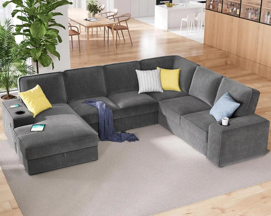 Oversized Sofa, U Shaped Sofa Couch with Storage Chaise,Sectional Sofa Couch with USB Ports & Cup Holder,Corduroy Oversized Sofa