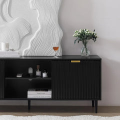 Black TV Stand,  65+ Inch TV, Fluted Panel Media Console with Sliding Doors & Ajustable Shelves,Stand with Storage Cabinets