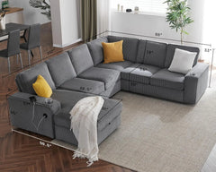 U Shaped Sofa, 7 Seater Sofa with USB Ports, Sectional Sofa Couch with Storage Chaise, Corduroy Beige