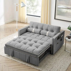 3 in 1 Sleeper Sofa Couch Bed w/Pullout Bed Adjustable Backrest,Cylinder Pillows Tufted Velvet Convertible Loveseat Futon Sofa