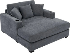 Indoor Oversized Chaise Lounger, Chenille Fabric Sleeper Sofa Couch with Pillows, Charge Station & Cup Holders