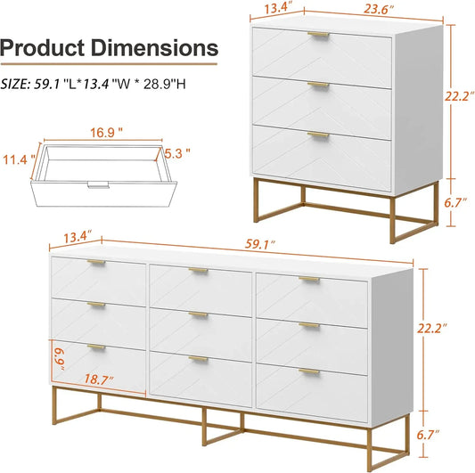 Large Chest of Drawers,59" 9 Drawer Dresser,White Dressers with Storage,Cabinet for Bedroom,Dressers for Living Room, Bedroom