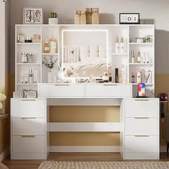 Large Makeup Vanity Desk with Lighted Mirror & Power Outlet,Dresser Table with 3 Lighting Modes Brightness Adjustable,Drawers