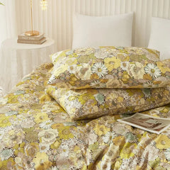 Duvet Cover Queen 100% Cotton, Green Garden Flower Pattern Bedding Duvet Cover Set Full Queen with Pillowcases Durable Zipper