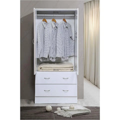 2 Door Wood Wardrobe Bedroom Closet with Clothing Rod inside Cabinet, 2 Drawers for Storage and Mirror, White