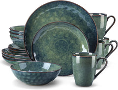 12 Pieces Green Dinnerware Set, Reactive Change Glaze Dinner Set, Plates and Bowls Set