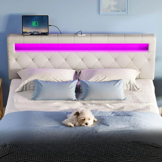 Headboard for Full Size Bed with 60,000 DIY Color of LED Light, USB & Type C Post, Attach Frame, Height Adjustable