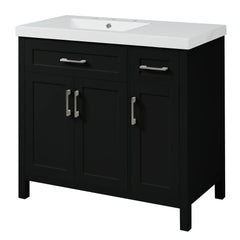 36" Black Bathroom Vanity Cabinet with Resin Integrated Sink - 2 Drawers, 3 Doors