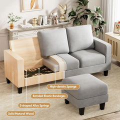 Convertible Sectional Sofa Couch, 3 Seat L-Shaped Sofa with Linen Fabric, Movable Ottoman Small Couch for Small Apartments