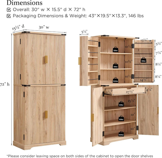 Fluted Pantry Cabinet,  Modern Storage Cabinet with 4 Doors, Organizer, Drawer and Adjustable Shelves, Wood Cupboard