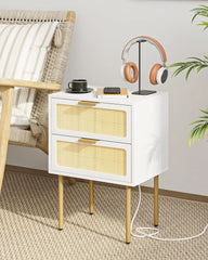 Rattan Nightstand with Charging Station, 2 Drawer Dresser for Bedroom, Small Bedside Table with 2 Drawers, Night Stand,