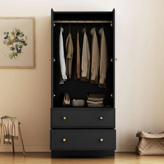 Freestanding Bedroom Armoire Wardrobe with 2 Drawers, Chest Clothes Storage with Clothing Rod and 2 Storage Doors, Wardrobes