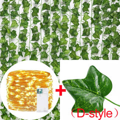 Artificial Plants Rattan Green Ivy Leaf with String Lights DIY Garland Wedding Party Decoration Home Room Wall Hanging Plants