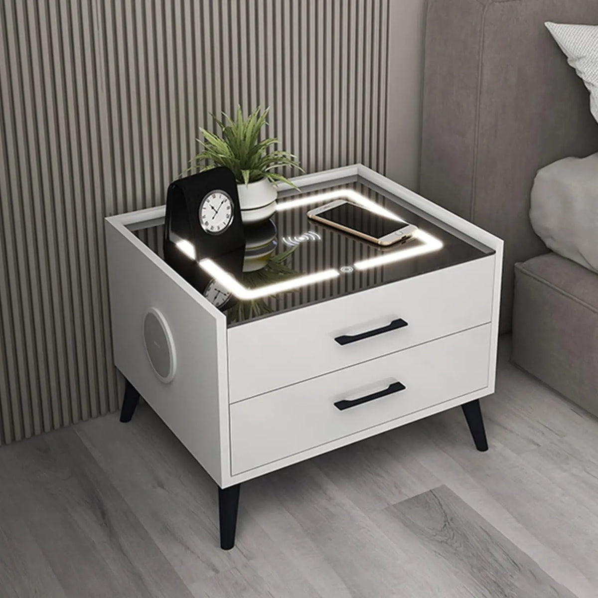 Smart LED Nightstand with 2 Drawers, End Table with Charging Station Wireless and Storage, Bluetooth Speaker Side Table