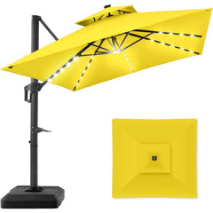 10x10ft 2-Tier Square Cantilever Patio Umbrella with Solar LED Lights, Offset Hanging Outdoor Sun Shade