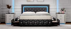 Full Size Bed Frame w LED Lights, Upholstered Bed Frame with 4 Storage Drawers,Platform Bed with Diamond Headboard and Footboard