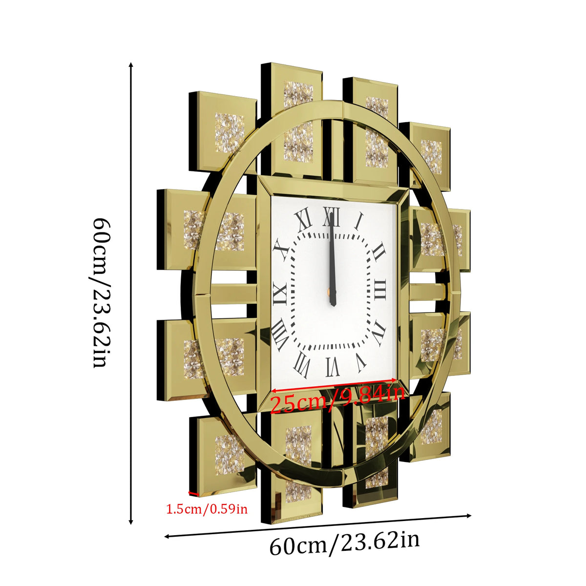 Irregular Large Crush Diamond Mirrored Wall Clock Sparkle Bling Quartz Clock Roman Numerals for Living Room