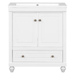 30" Bathroom Vanity with Sink, Combo, Cabinet with Doors and Drawer, Solid Frame and MDF Board, White (Old Sku:JL000006AAK)