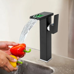 Black Bathroom Vessel Faucet Led Light 3 Color Changing Waterfall Single Handle One Hole Bowl Sink Faucet Vanity Lavatory Deck