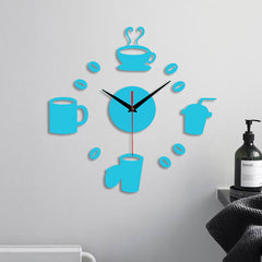 Home 3D Mirror Wall Clock Self Adhesive Modern Mute Acrylic Art Analog Kitchen DIY Coffee Cups Decor Waterproof Wall Decoration