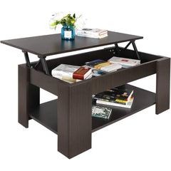 Modern Lift Top Coffee Table w/Hidden Compartment and Storage Shelves Pop-Up Storage Cocktail Table for Living Room