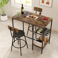 3 Pieces Pub Dining Table Set, Bar Counter Table, Height Modern Versatile Set with Storage Shelf, Wine Rack & Glasses Holder