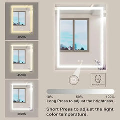 Dimmable LED Mirror Smart Memory Anti-Fog Wall Mount Easy Installation 36x28 Inch