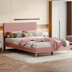 Queen Size Corduroy Platform Bed,Comfortable Upholstered Velvet Bedstead Frame,& Lath Support Noiseless No Box Spring Needed