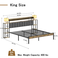 Queen Size Bed Frame with Bookcase Upholstered Headboard, Metal Platform Bedframe with Storage Nightstand and Table Lamp, Bed