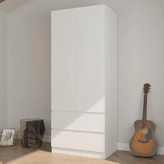 2 Door Armoire Wardrobe Closet with 2 Drawers, Armoires and Wardrobe with Hanging Rod, Wooden Armoire Wardrobe for Bedroom