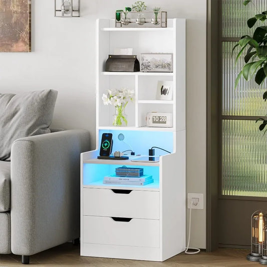 Tall Night Stand with Charging Station and LED Lights,White Nightstand with Bookshelf,Bedside Table with Drawers & Power Outlets