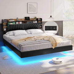 California King Floating Bed Frame with Hidden Storage Headboard and Charging Station Floating Platform Bed with Led Lights