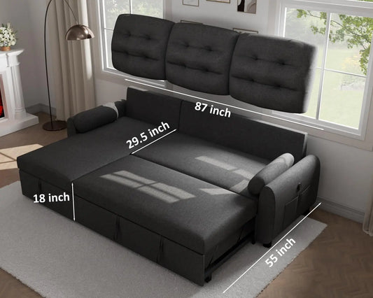 Sectional Sofa Couch 87" Sleeper Sofa Bed with Reversible Storage Chaise Pull Out Couch for Living Room Side Pocket Dark Grey