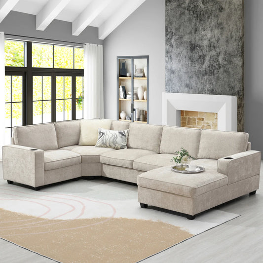 119''x67'' U-Shaped 6-Seat Chenille Sectional Sofa with Oversized Chaise, Deep Seats, Cup Holders, for Living Room, Apartment