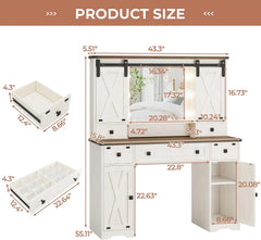 Farmhouse Makeup Vanity Desk with Lighted Mirror & Power Strips, Vanity Table with Sliding Barn Door Hidden Shelves & 5 Drawers